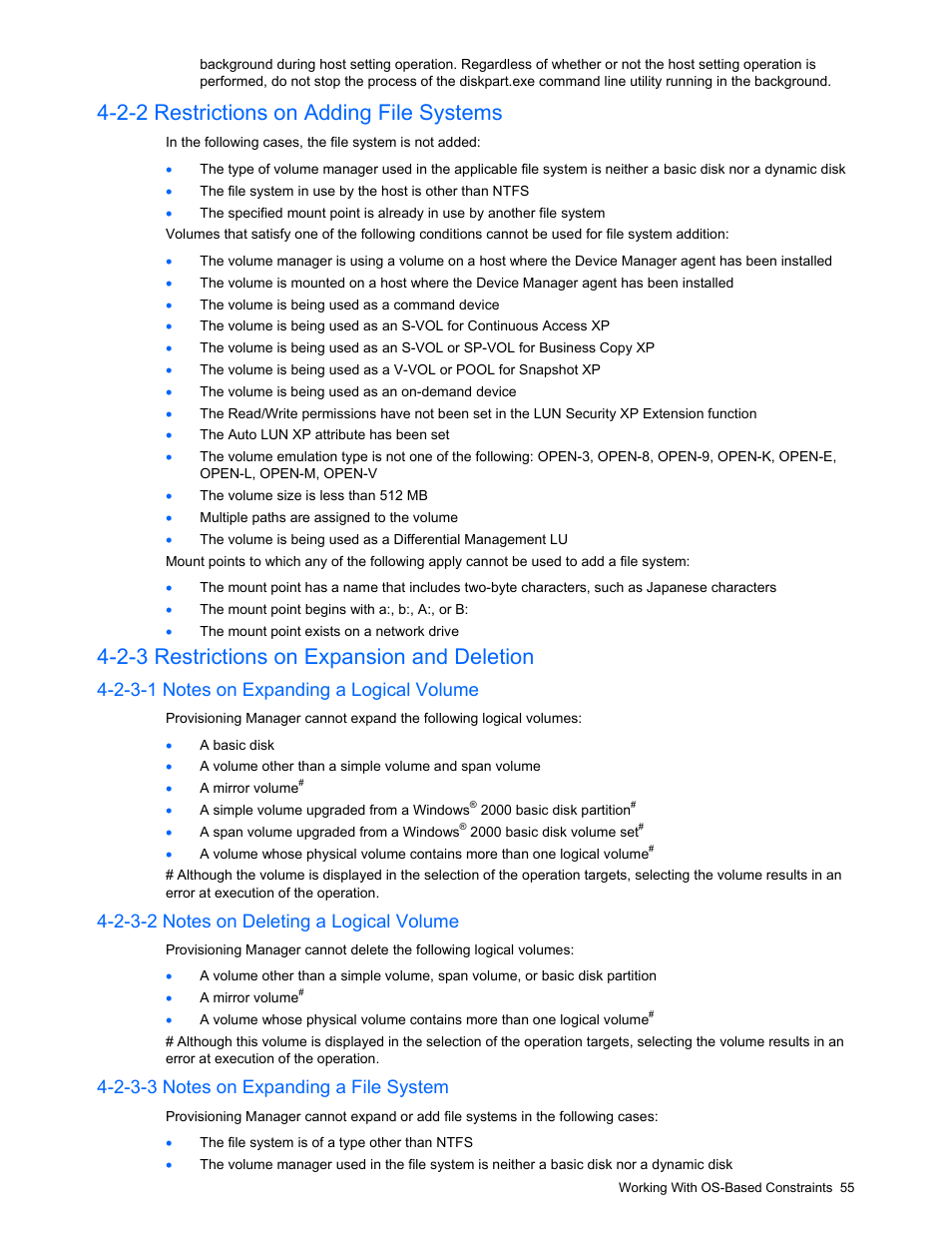 2-2 restrictions on adding file systems, 2-3 restrictions on expansion and deletion, 2-3-1 notes on expanding a logical volume | 2-3-2 notes on deleting a logical volume, 2-3-3 notes on expanding a file system, Restrictions on adding file systems, Restrictions on expansion and deletion | HP StorageWorks XP48 Disk Array User Manual | Page 55 / 203