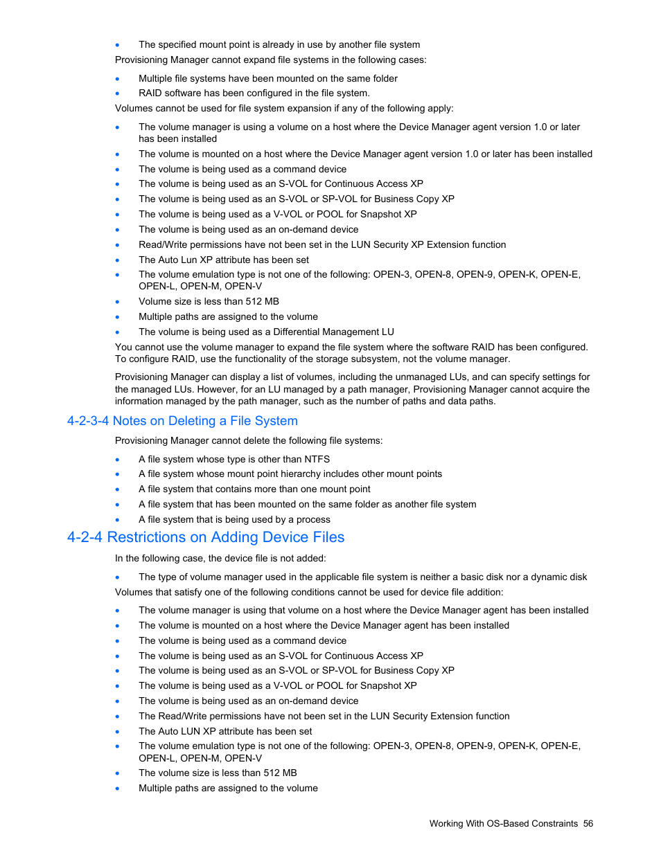 2-3-4 notes on deleting a file system, 2-4 restrictions on adding device files, Restrictions on adding device files | HP StorageWorks XP48 Disk Array User Manual | Page 56 / 203