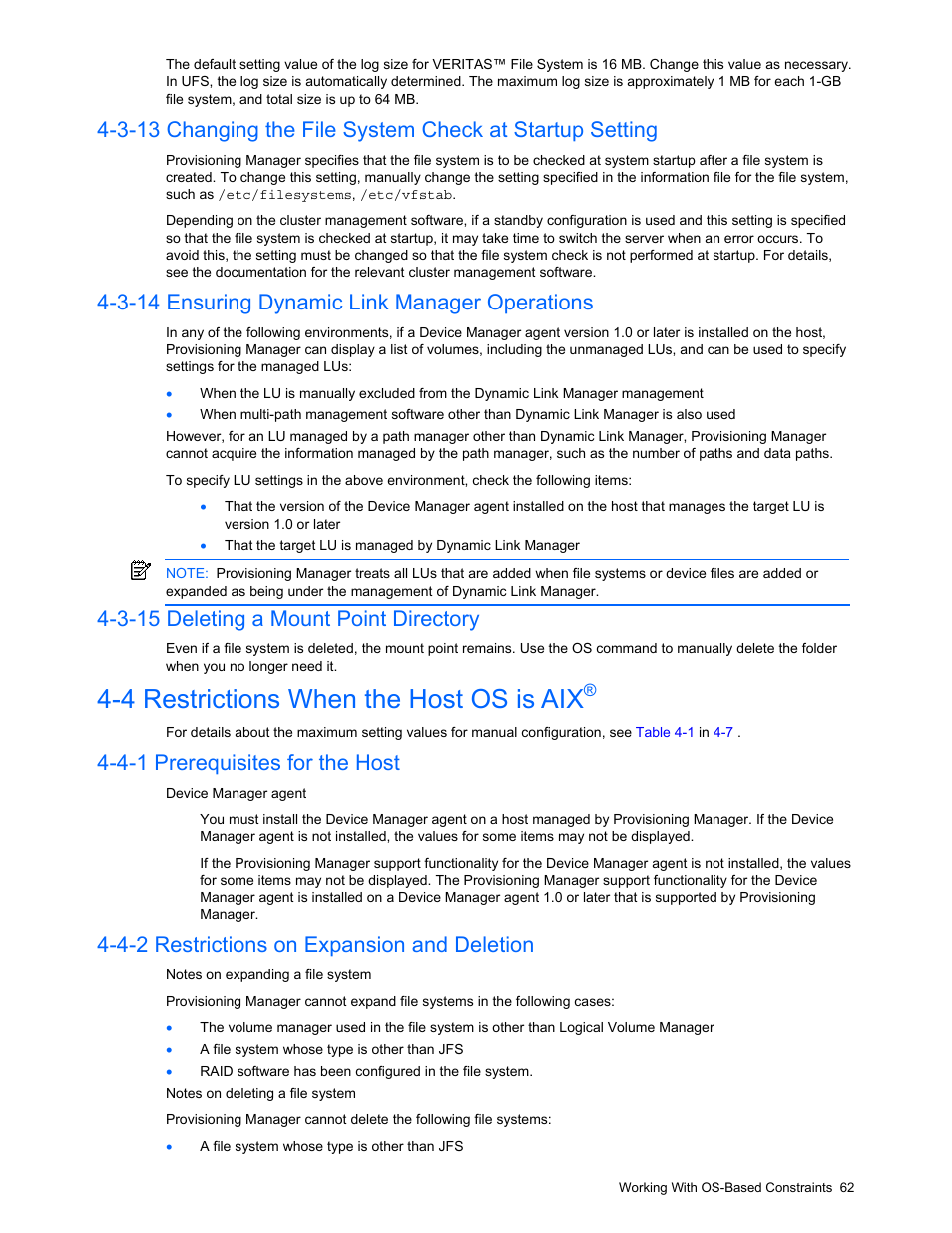 3-14 ensuring dynamic link manager operations, 3-15 deleting a mount point directory, 4 restrictions when the host os is aix | 4-1 prerequisites for the host, 4-2 restrictions on expansion and deletion, Changing the file system check at startup setting, Ensuring dynamic link manager operations, Deleting a mount point directory, Restrictions when the host os is aix, Prerequisites for the host | HP StorageWorks XP48 Disk Array User Manual | Page 62 / 203