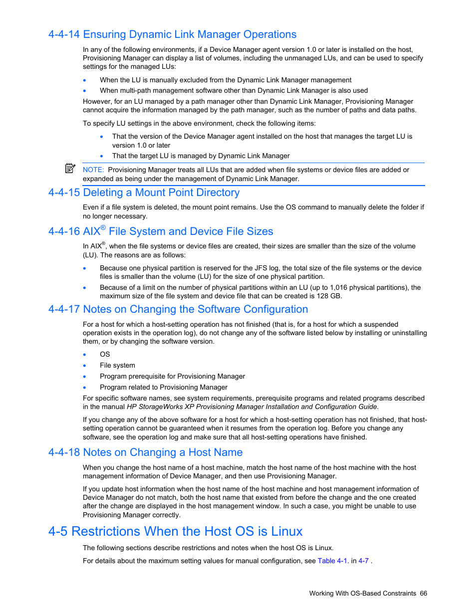 4-14 ensuring dynamic link manager operations, 4-15 deleting a mount point directory, 4-16 aix® file system and device file sizes | 4-17 notes on changing the software configuration, 4-18 notes on changing a host name, 5 restrictions when the host os is linux, Ensuring dynamic link manager operations, Deleting a mount point directory, File system and device file sizes, Notes on changing the software configuration | HP StorageWorks XP48 Disk Array User Manual | Page 66 / 203