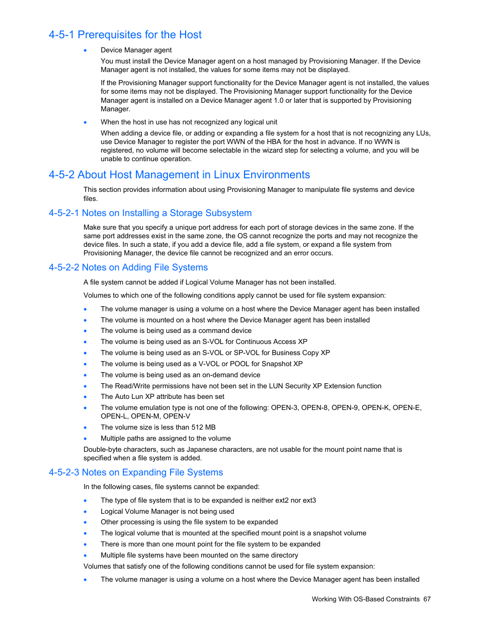 5-1 prerequisites for the host, 5-2 about host management in linux environments, 5-2-1 notes on installing a storage subsystem | 5-2-2 notes on adding file systems, 5-2-3 notes on expanding file systems, Prerequisites for the host, About host management in linux environments | HP StorageWorks XP48 Disk Array User Manual | Page 67 / 203