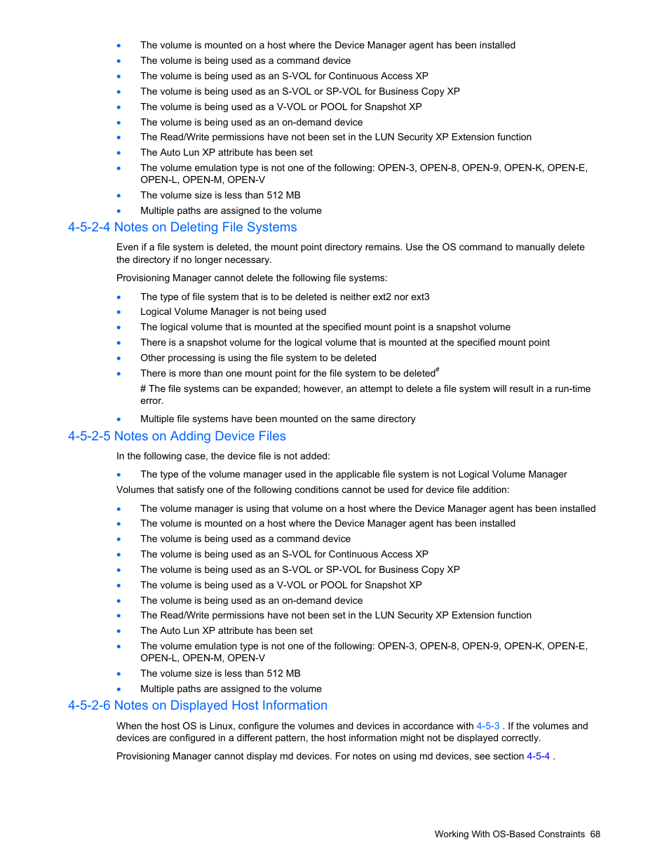 5-2-4 notes on deleting file systems, 5-2-5 notes on adding device files, 5-2-6 notes on displayed host information | HP StorageWorks XP48 Disk Array User Manual | Page 68 / 203