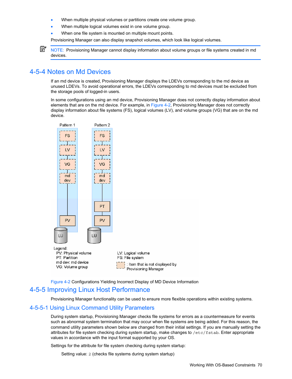 5-4 notes on md devices, 5-5 improving linux host performance, 5-5-1 using linux command utility parameters | Notes on md devices, Improving linux host performance | HP StorageWorks XP48 Disk Array User Manual | Page 70 / 203