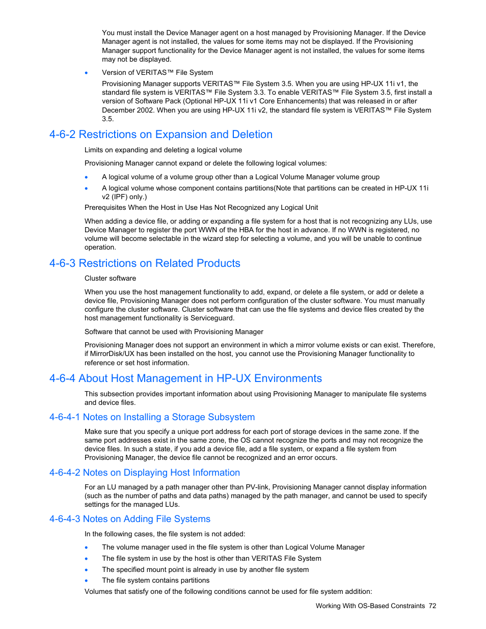 6-2 restrictions on expansion and deletion, 6-3 restrictions on related products, 6-4 about host management in hp-ux environments | 6-4-1 notes on installing a storage subsystem, 6-4-2 notes on displaying host information, 6-4-3 notes on adding file systems, Prerequisites for the host, Restrictions on expansion and deletion, Restrictions on related products, About host management in hp-ux environments | HP StorageWorks XP48 Disk Array User Manual | Page 72 / 203