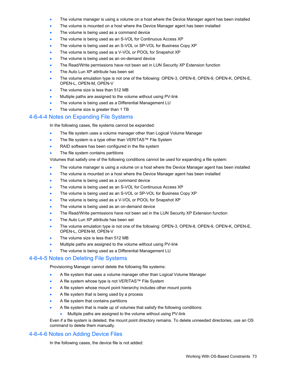 6-4-4 notes on expanding file systems, 6-4-5 notes on deleting file systems, 6-4-6 notes on adding device files | HP StorageWorks XP48 Disk Array User Manual | Page 73 / 203