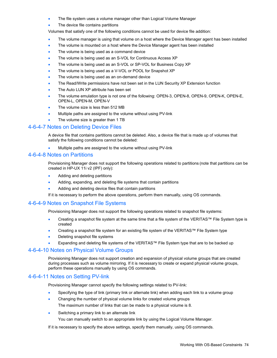 6-4-7 notes on deleting device files, 6-4-8 notes on partitions, 6-4-9 notes on snapshot file systems | 6-4-10 notes on physical volume groups, 6-4-11 notes on setting pv-link | HP StorageWorks XP48 Disk Array User Manual | Page 74 / 203