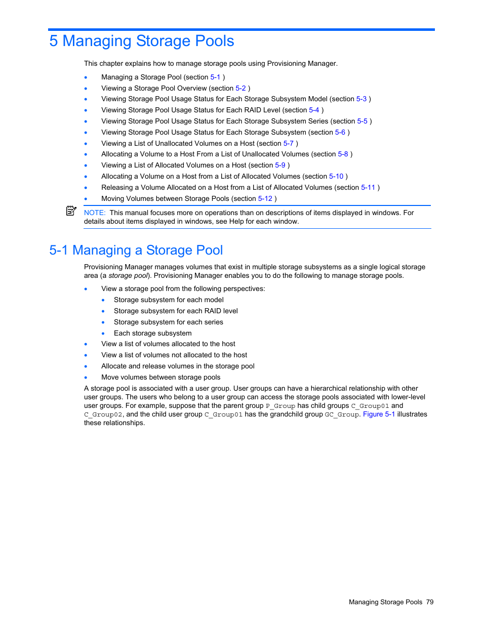 5 managing storage pools, 1 managing a storage pool, Managing storage pools | Managing a storage pool | HP StorageWorks XP48 Disk Array User Manual | Page 79 / 203