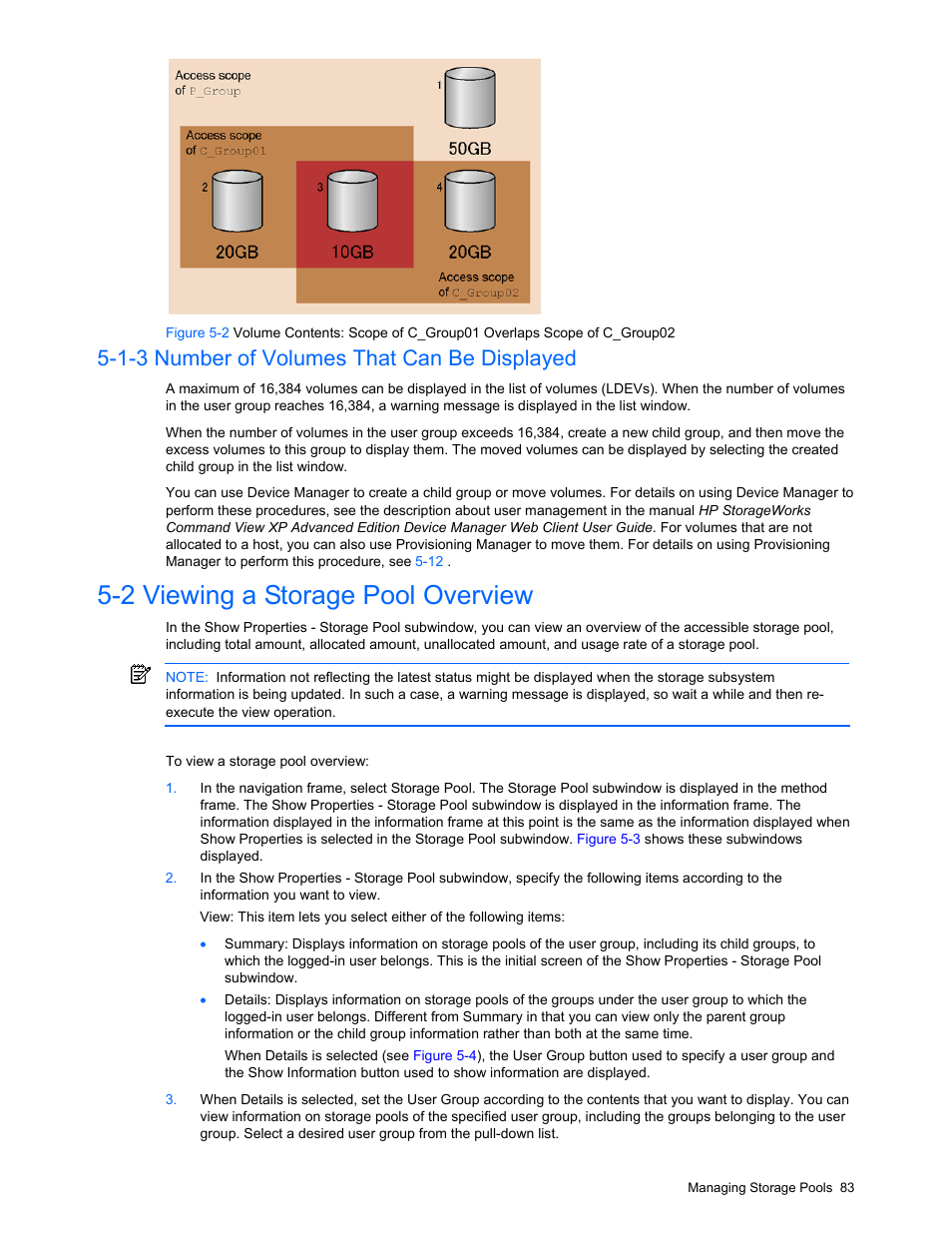 1-3 number of volumes that can be displayed, 2 viewing a storage pool overview, Number of volumes that can be displayed | Viewing a storage pool overview, Figure 5-2 | HP StorageWorks XP48 Disk Array User Manual | Page 83 / 203