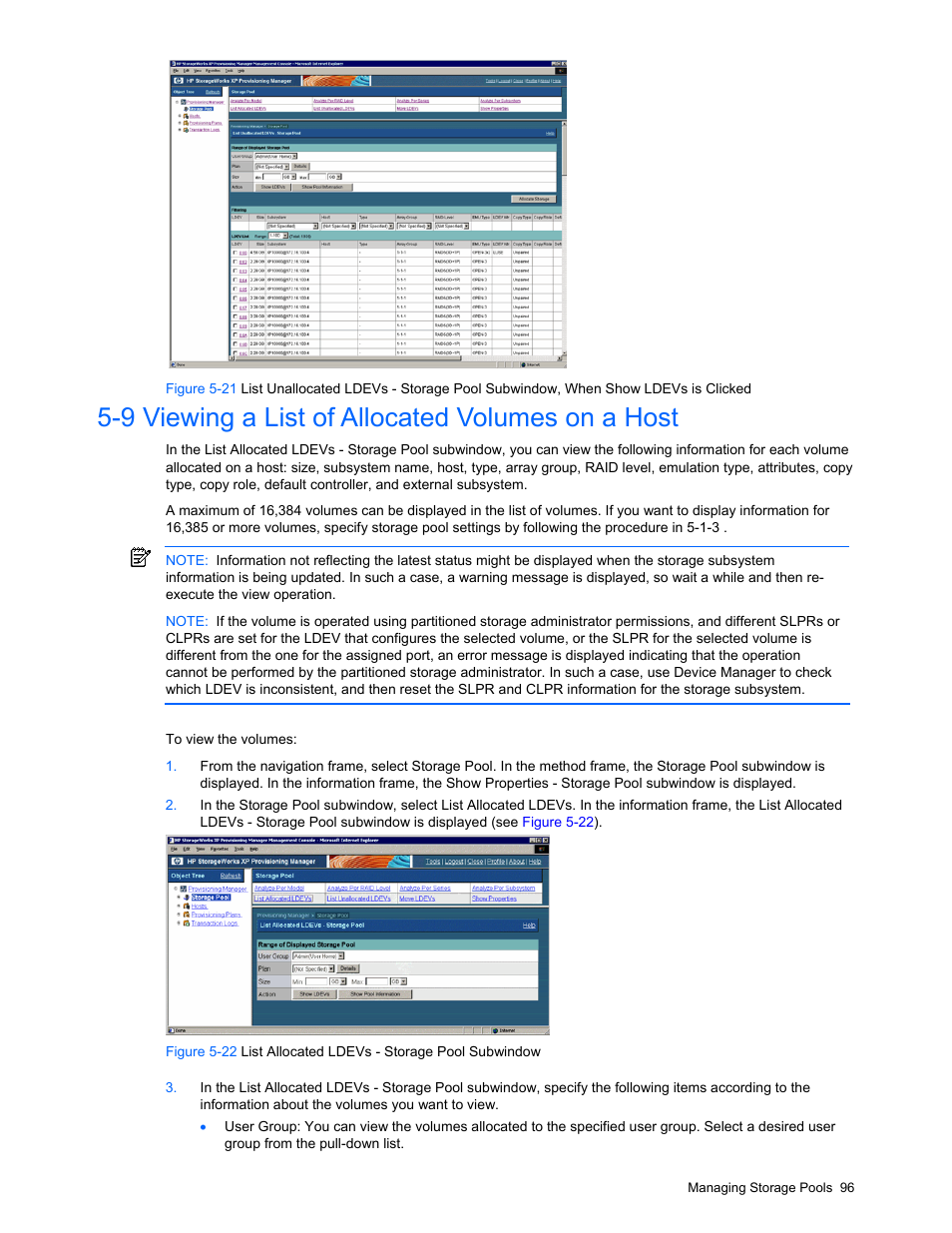 9 viewing a list of allocated volumes on a host, Viewing a list of allocated volumes on a host, St (section | D (see, Figure 5-21 | HP StorageWorks XP48 Disk Array User Manual | Page 96 / 203