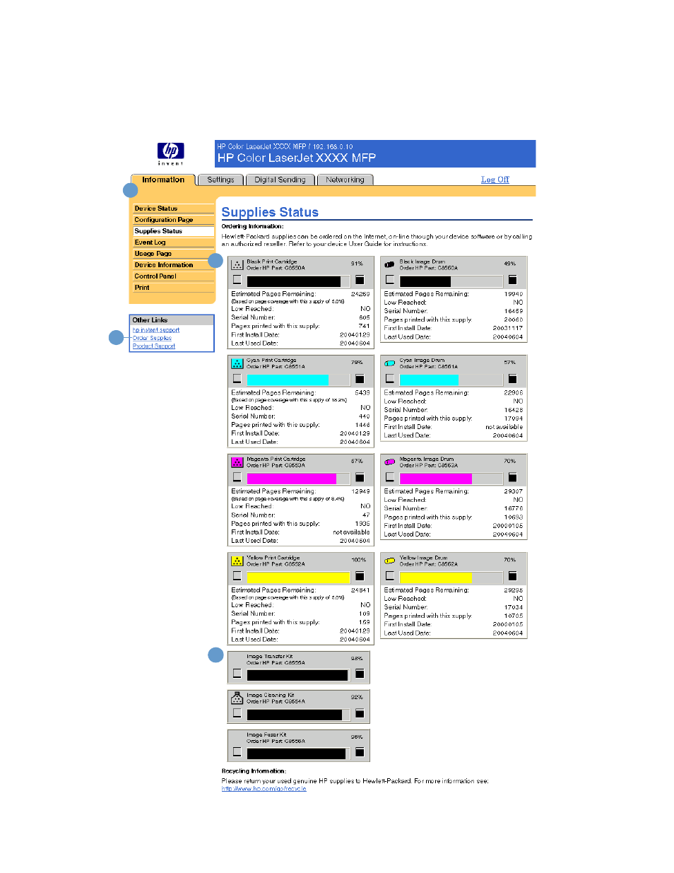 Supplies status | HP Color LaserJet 9500 Multifunction Printer series User Manual | Page 18 / 72