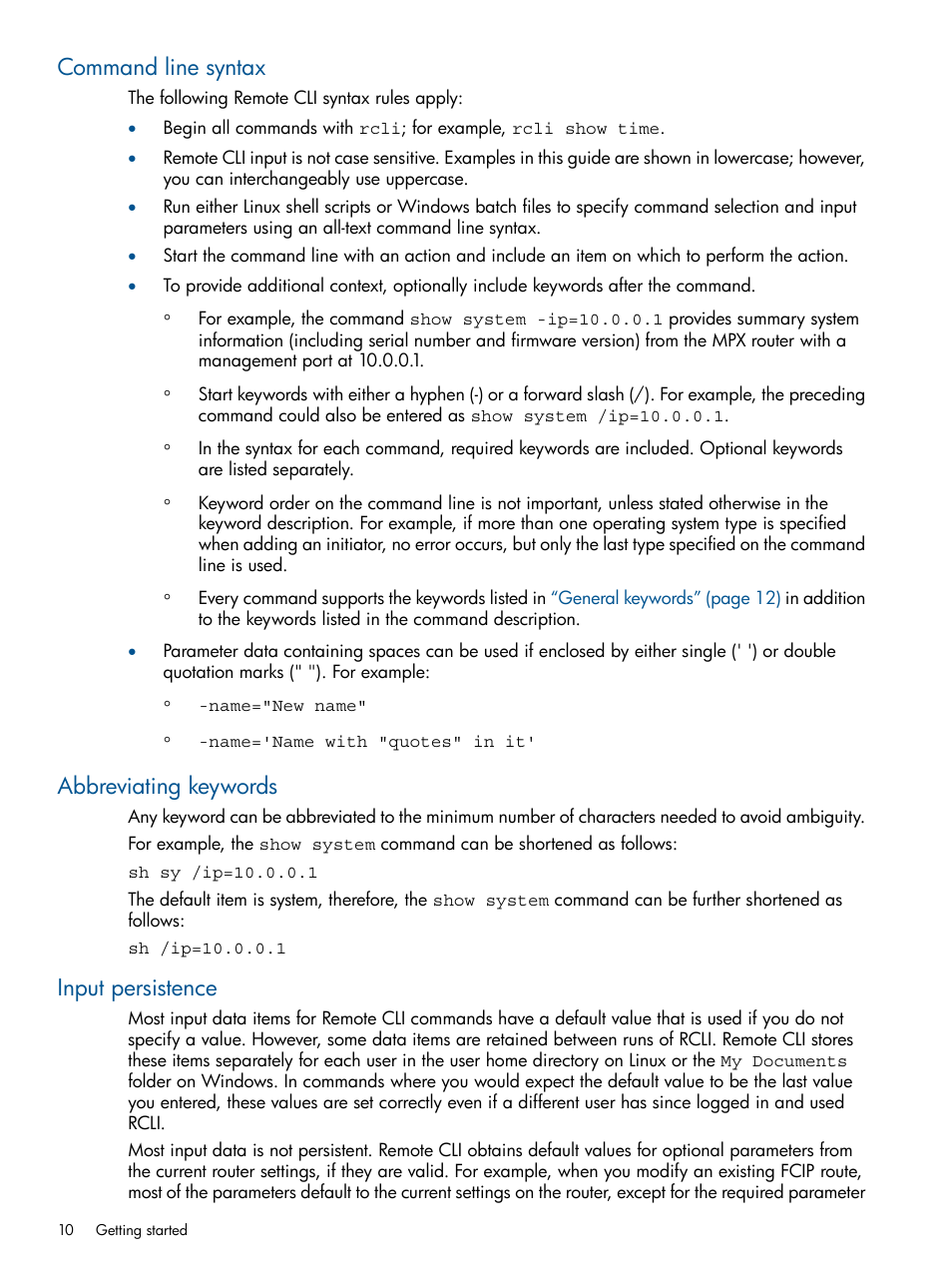 Command line syntax, Abbreviating keywords, Input persistence | HP MPX200 Multifunction Router User Manual | Page 10 / 120