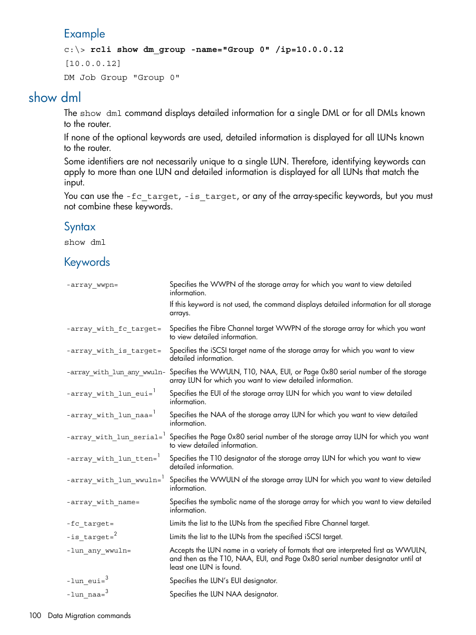 Show dml, Example, Syntax | Keywords | HP MPX200 Multifunction Router User Manual | Page 100 / 120