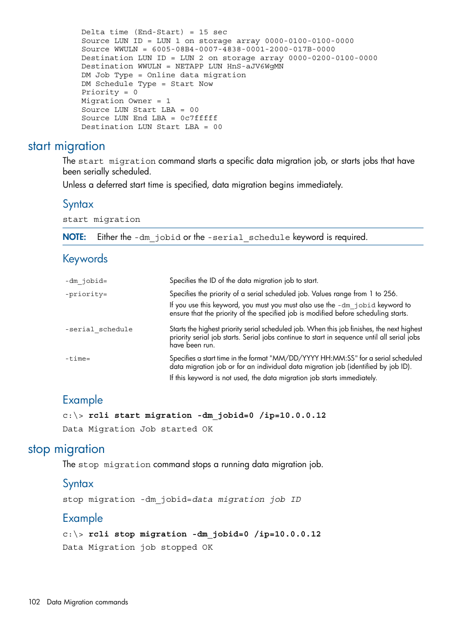 Start migration, Stop migration, Start migration stop migration | Syntax, Keywords, Example | HP MPX200 Multifunction Router User Manual | Page 102 / 120