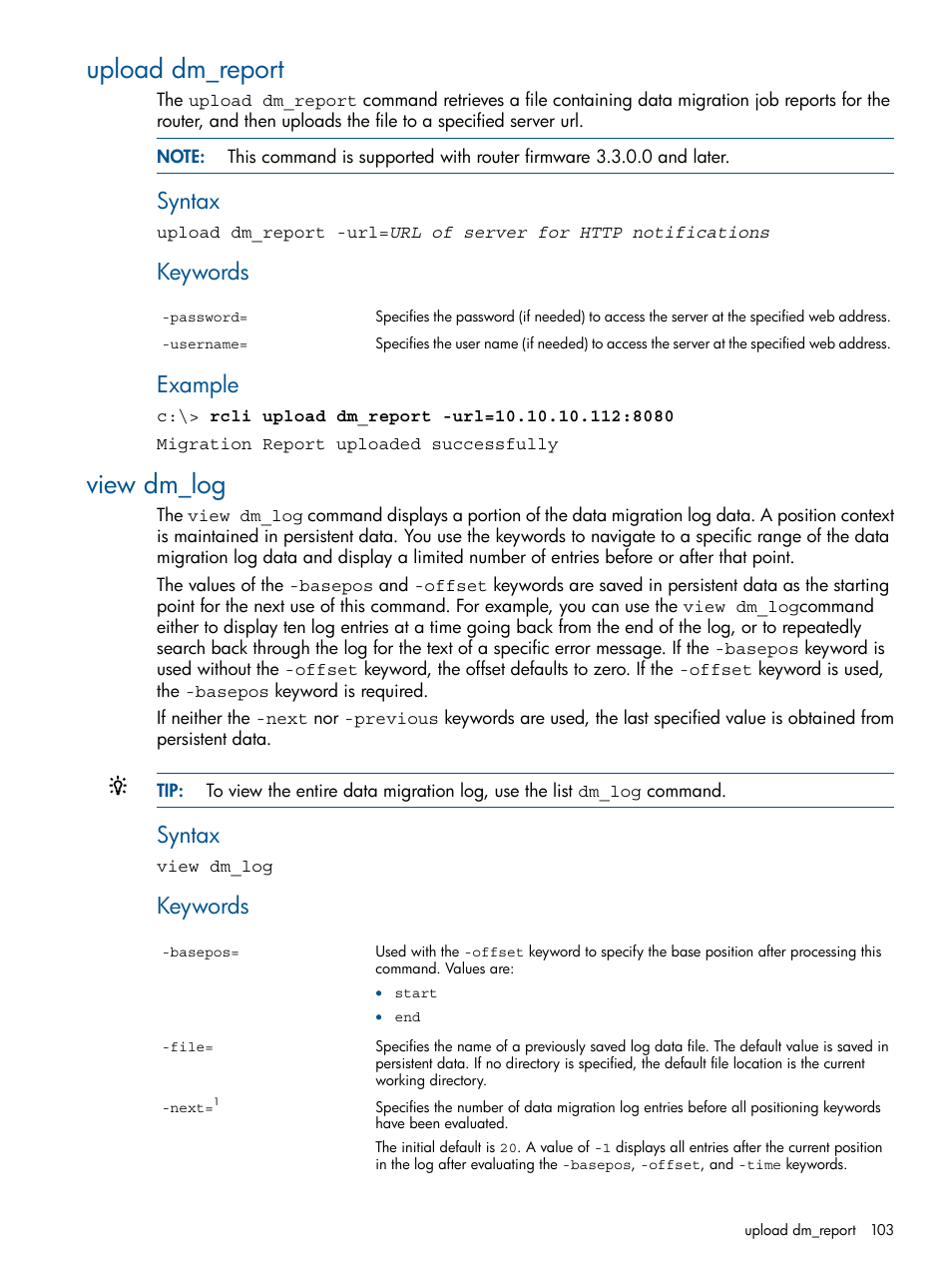 Upload dm_report, View dm_log, Upload dm_report view dm_log | Syntax, Keywords, Example | HP MPX200 Multifunction Router User Manual | Page 103 / 120