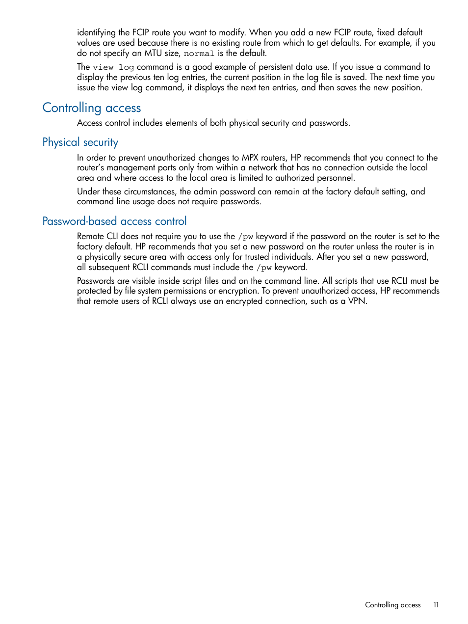 Controlling access, Physical security, Password-based access control | Physical security password-based access control | HP MPX200 Multifunction Router User Manual | Page 11 / 120