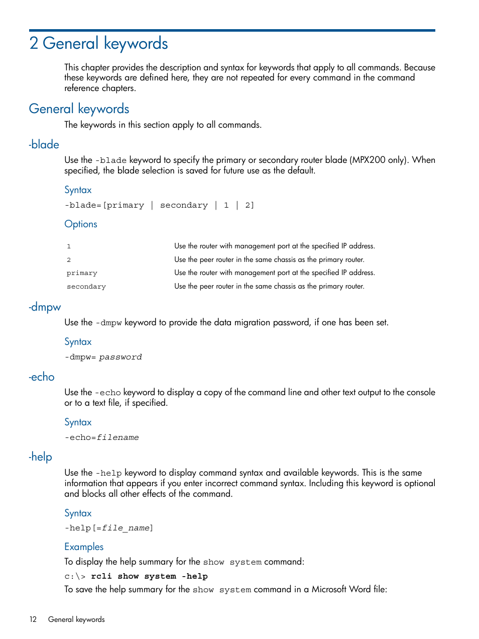 2 general keywords, General keywords, Blade | Dmpw, Echo, Help, Blade -dmpw -echo -help | HP MPX200 Multifunction Router User Manual | Page 12 / 120