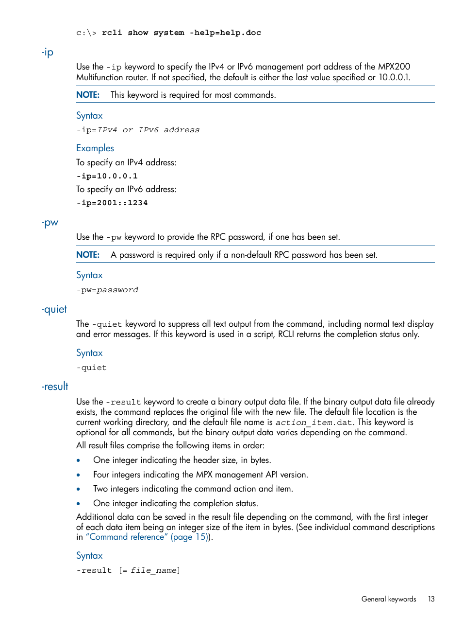 Quiet, Result, Ip -pw -quiet -result | HP MPX200 Multifunction Router User Manual | Page 13 / 120