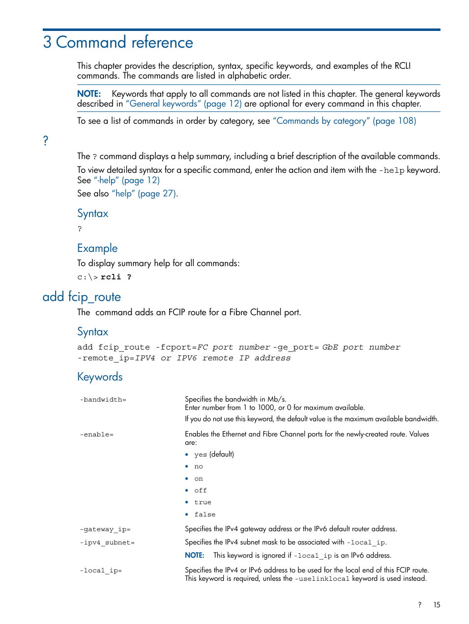 3 command reference, Add fcip_route, Syntax | Example, Keywords | HP MPX200 Multifunction Router User Manual | Page 15 / 120