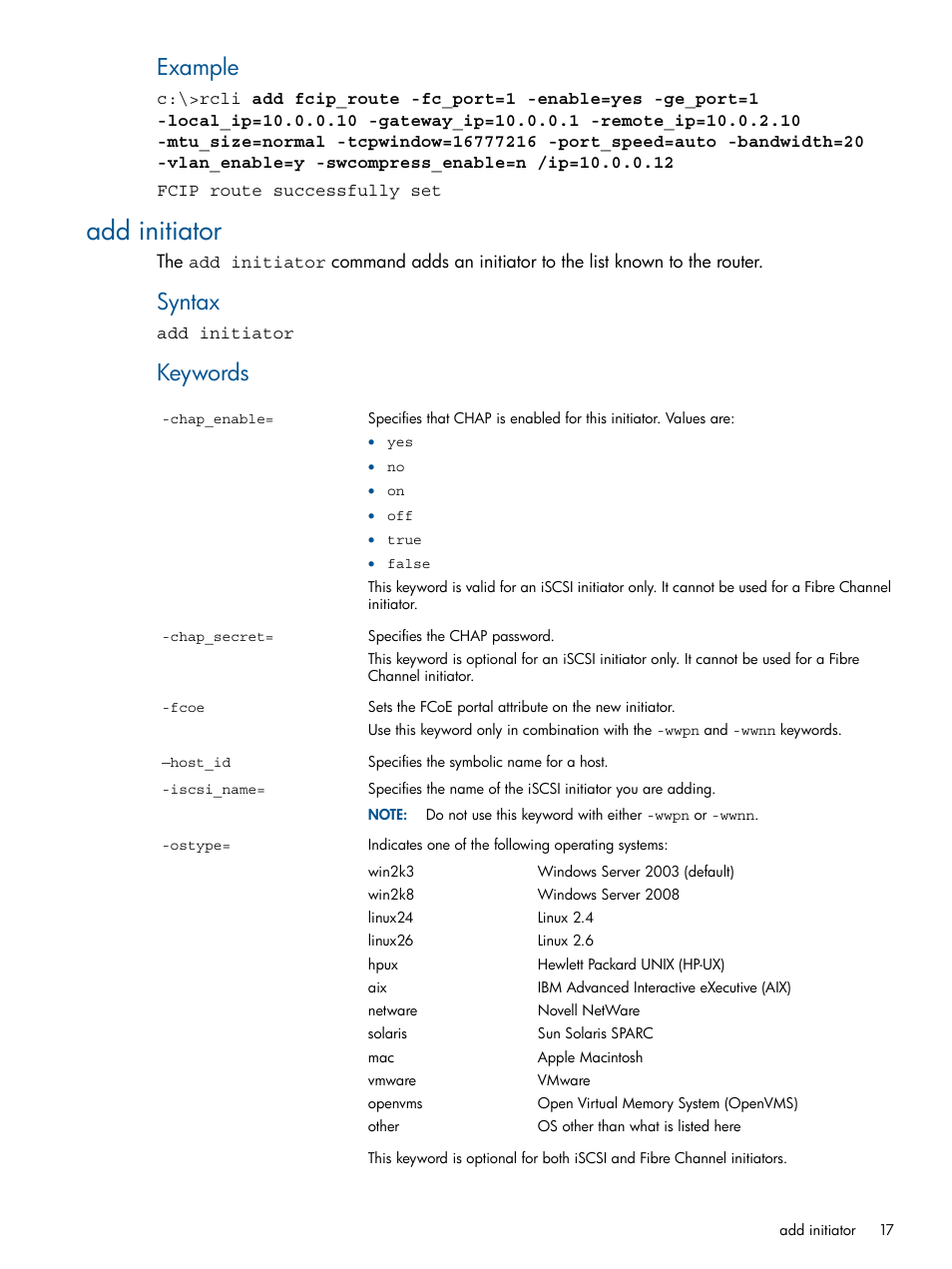 Add initiator, Example, Syntax | Keywords | HP MPX200 Multifunction Router User Manual | Page 17 / 120