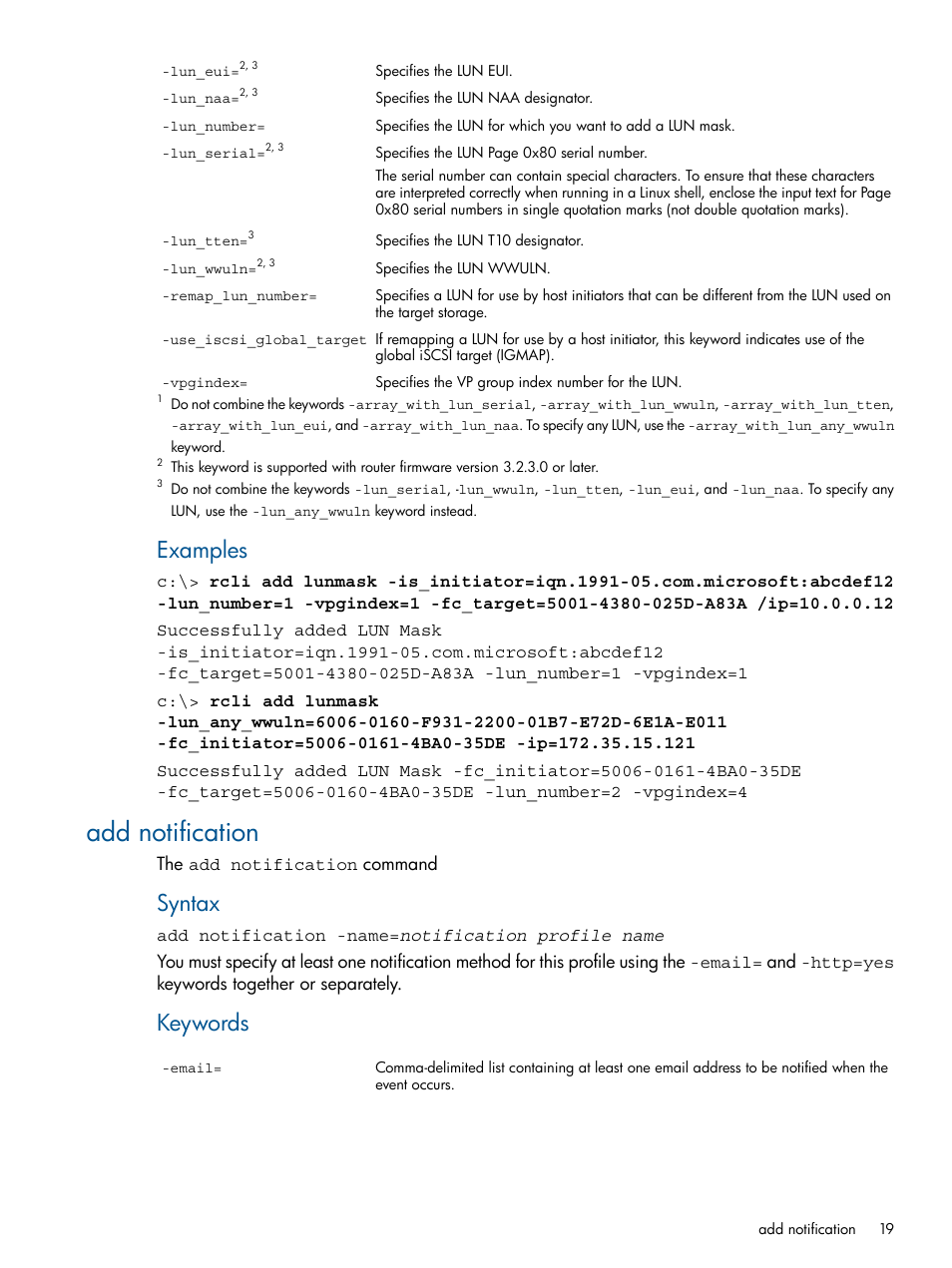 Add notification, Examples, Syntax | Keywords | HP MPX200 Multifunction Router User Manual | Page 19 / 120