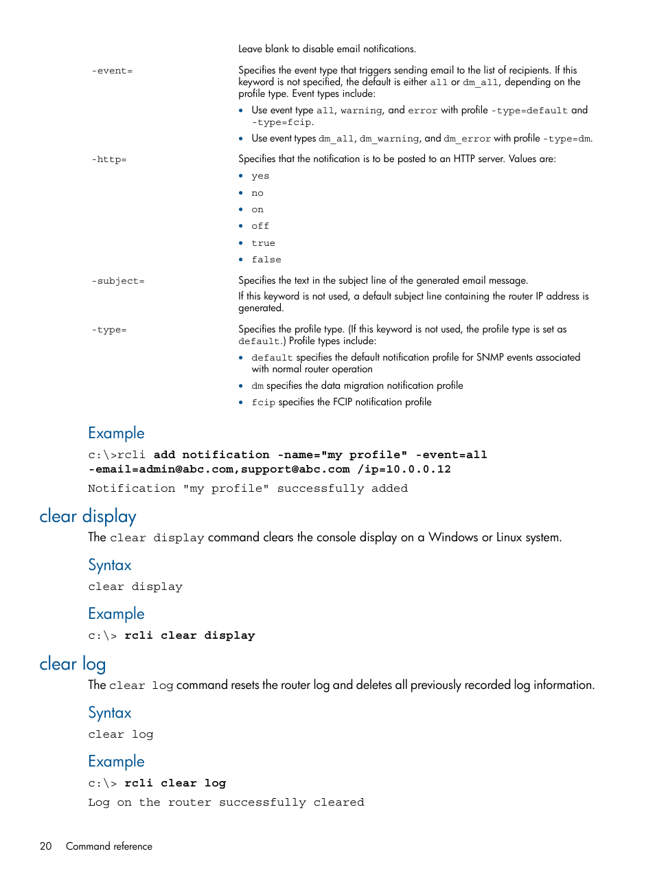 Clear display, Clear log, Clear display clear log | Example, Syntax | HP MPX200 Multifunction Router User Manual | Page 20 / 120