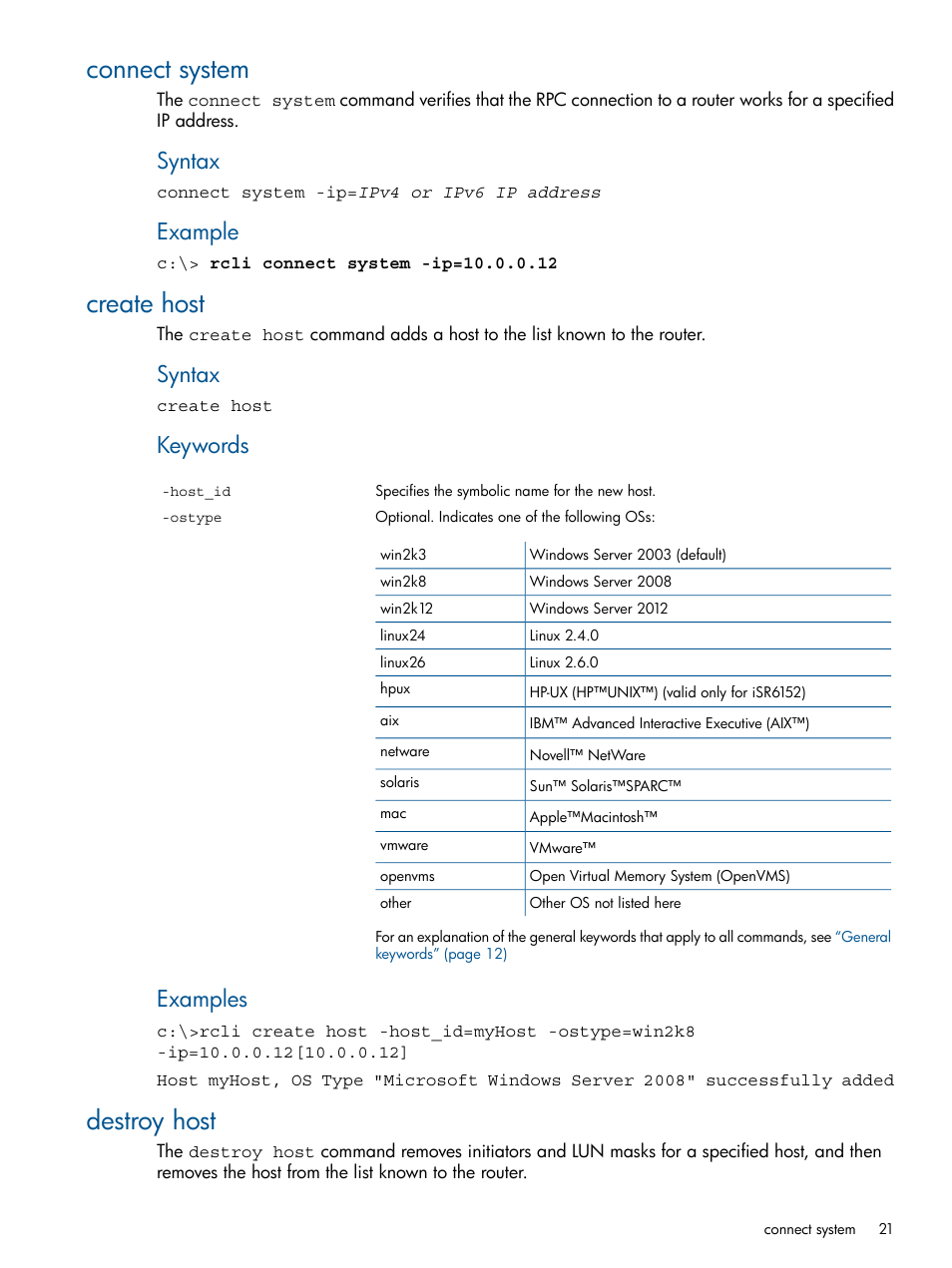 Connect system, Create host, Destroy host | Connect system create host destroy host, Syntax, Example, Keywords, Examples | HP MPX200 Multifunction Router User Manual | Page 21 / 120