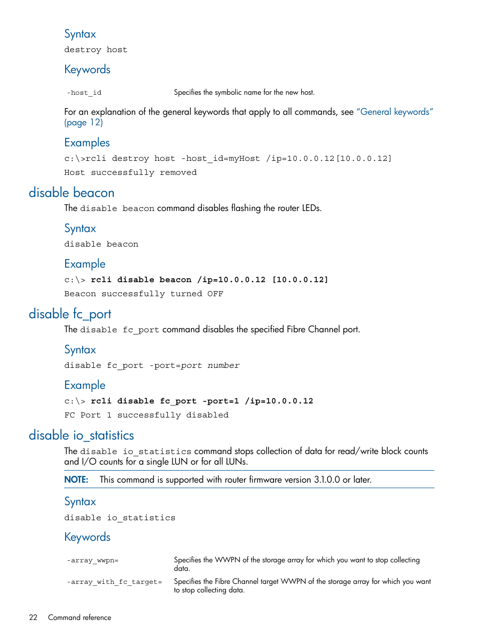 Disable beacon, Disable fc_port, Disable io_statistics | Syntax, Keywords, Examples, Example | HP MPX200 Multifunction Router User Manual | Page 22 / 120