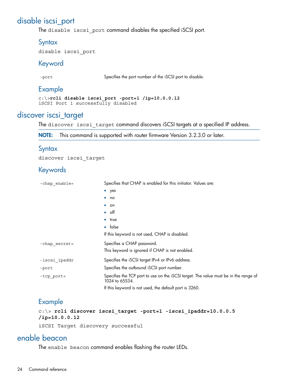 Disable iscsi_port, Discover iscsi_target, Enable beacon | Syntax, Keyword, Example, Keywords | HP MPX200 Multifunction Router User Manual | Page 24 / 120