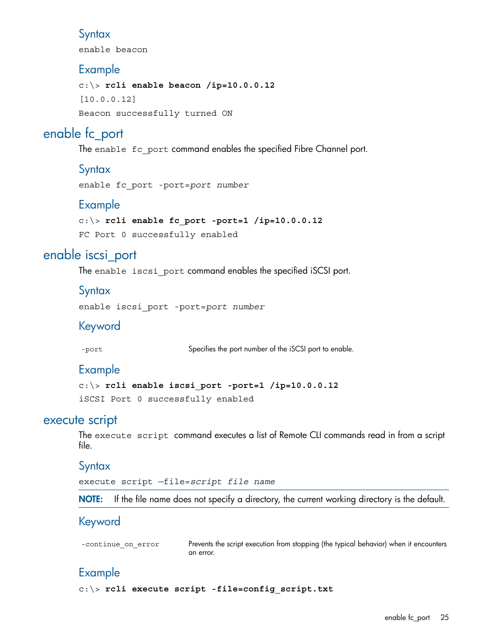 Enable fc_port, Enable iscsi_port, Execute script | Enable fc_port enable iscsi_port execute script | HP MPX200 Multifunction Router User Manual | Page 25 / 120