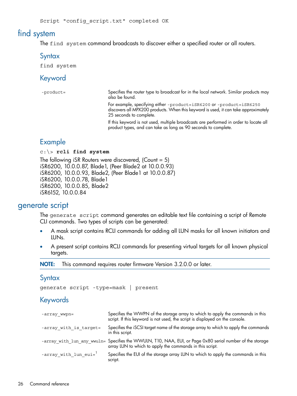 Find system, Generate script, Find system generate script | Syntax, Keyword, Example, Keywords | HP MPX200 Multifunction Router User Manual | Page 26 / 120