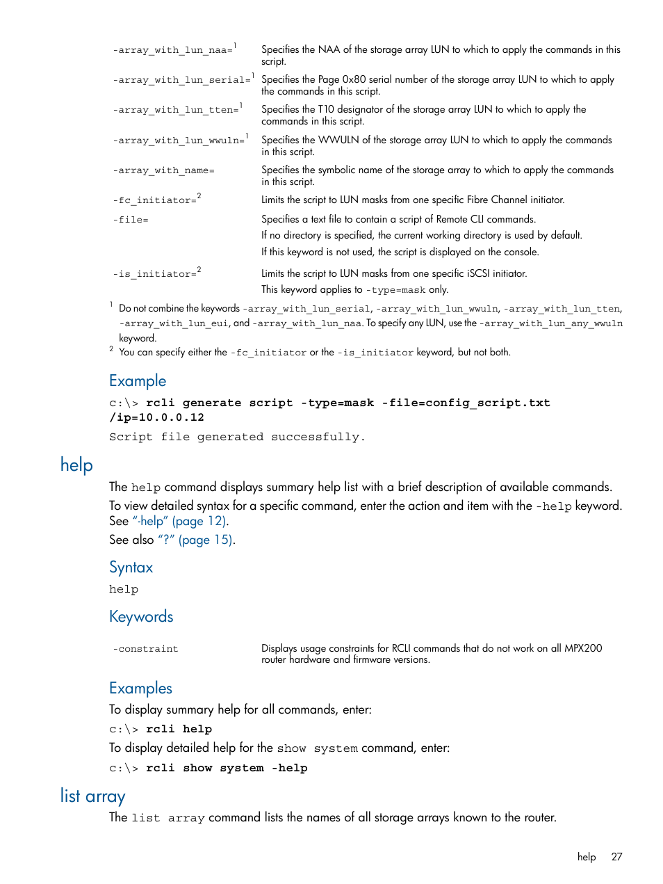 Help, List array, Help list array | Example, Syntax, Keywords, Examples | HP MPX200 Multifunction Router User Manual | Page 27 / 120