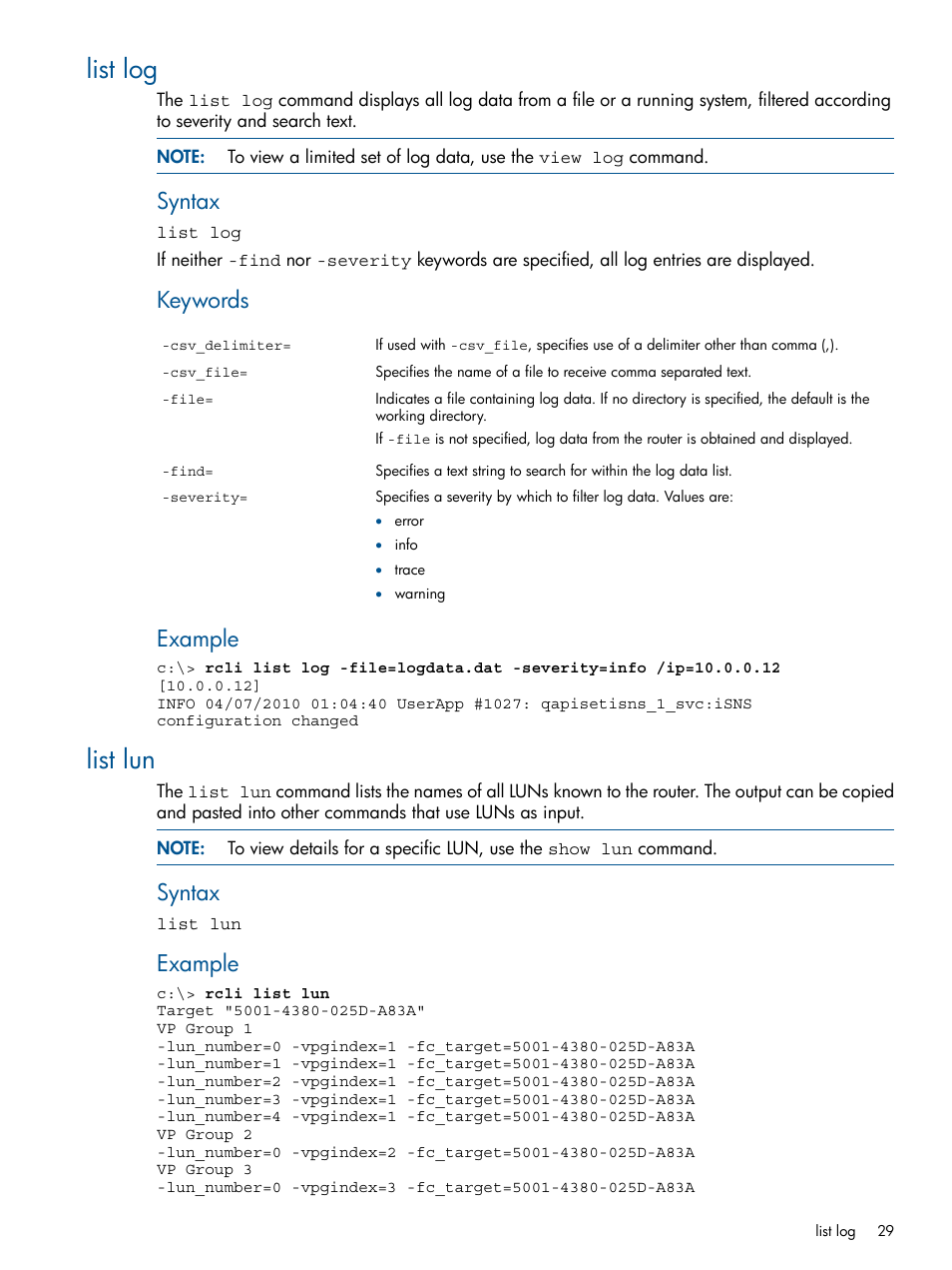 List log, List lun, List log list lun | Syntax, Keywords, Example | HP MPX200 Multifunction Router User Manual | Page 29 / 120