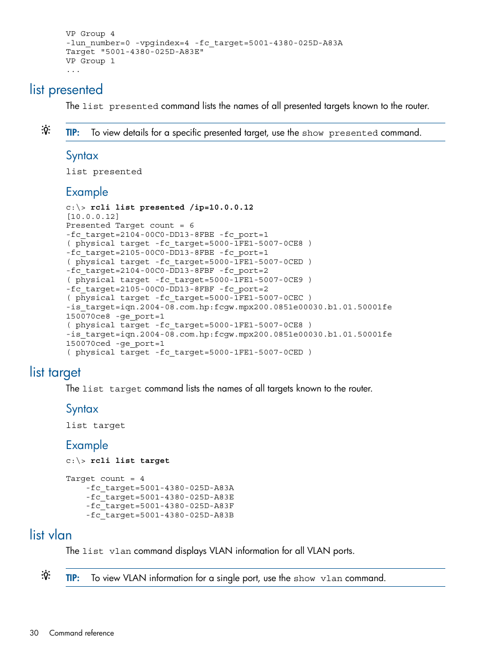 List presented, List target, List vlan | List presented list target list vlan, Syntax, Example | HP MPX200 Multifunction Router User Manual | Page 30 / 120