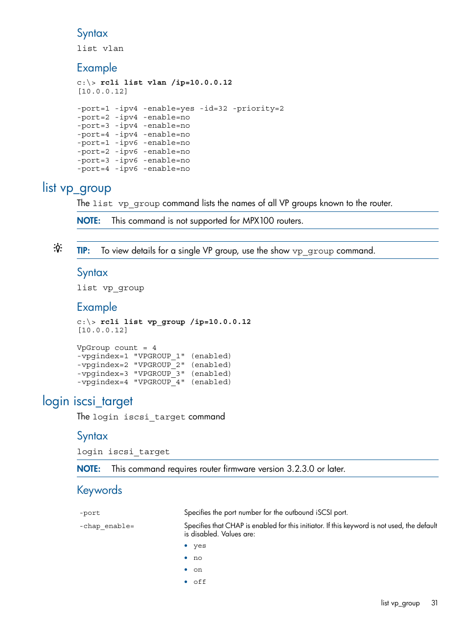 List vp_group, Login iscsi_target, List vp_group login iscsi_target | Syntax, Example, Keywords | HP MPX200 Multifunction Router User Manual | Page 31 / 120