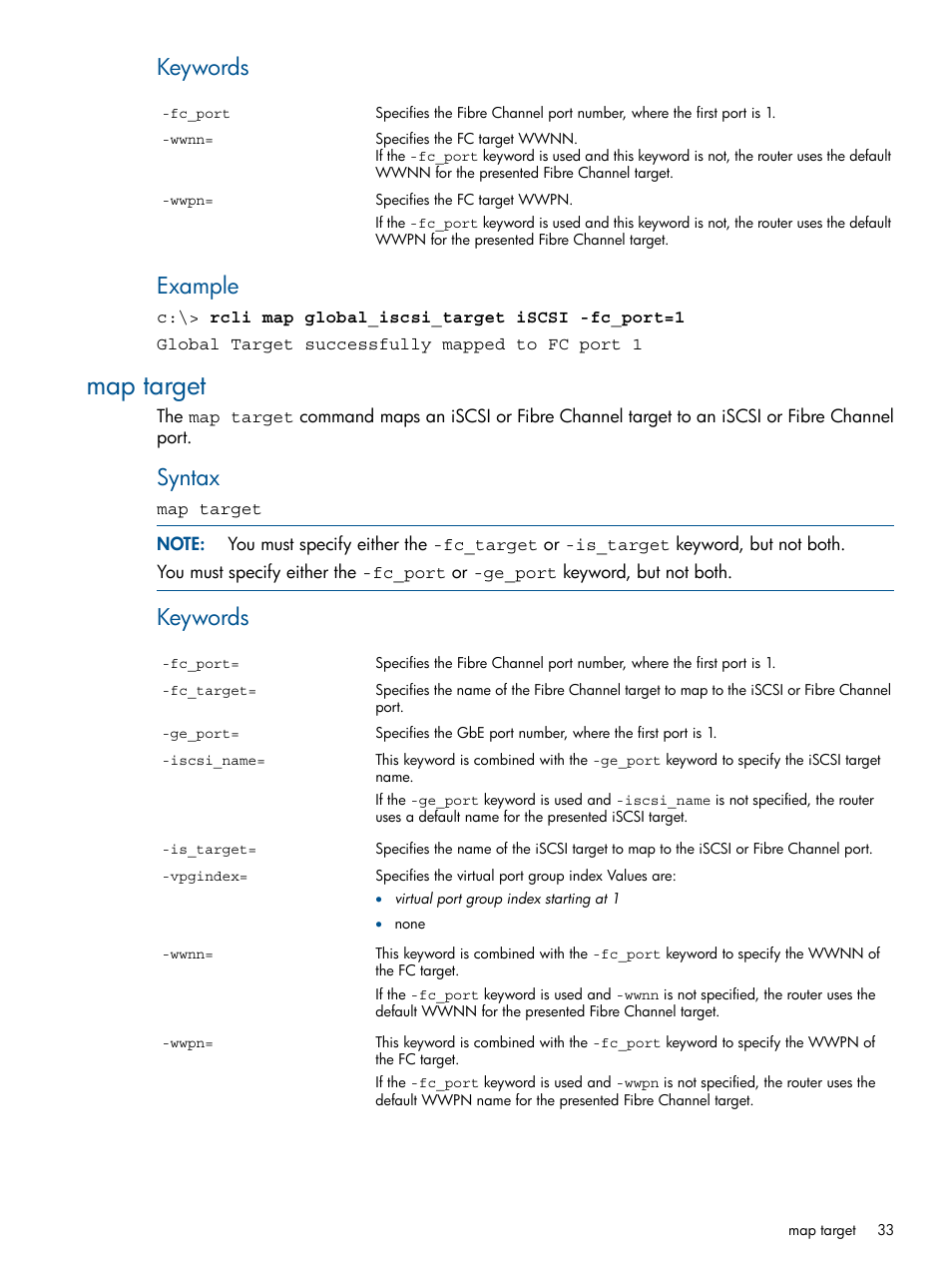 Map target, Keywords, Example | Syntax | HP MPX200 Multifunction Router User Manual | Page 33 / 120