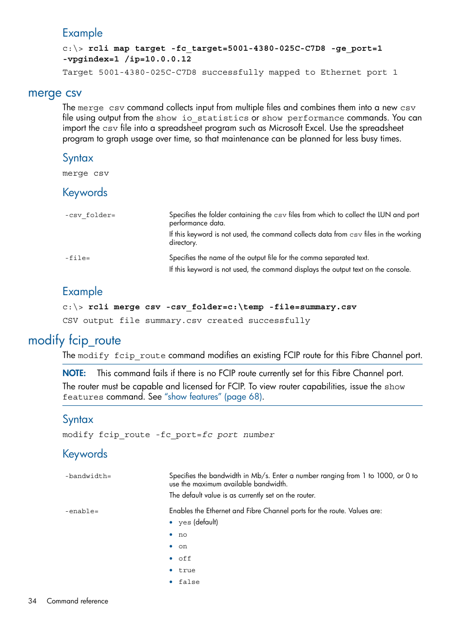 Merge csv, Modify fcip_route, Merge csv modify fcip_route | Example, Syntax, Keywords | HP MPX200 Multifunction Router User Manual | Page 34 / 120