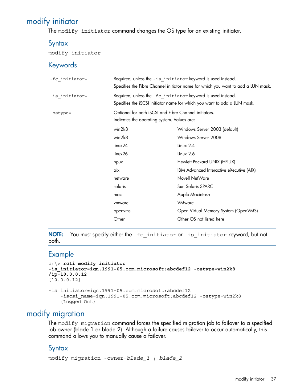 Modify initiator, Modify migration, Modify initiator modify migration | Syntax, Keywords, Example | HP MPX200 Multifunction Router User Manual | Page 37 / 120