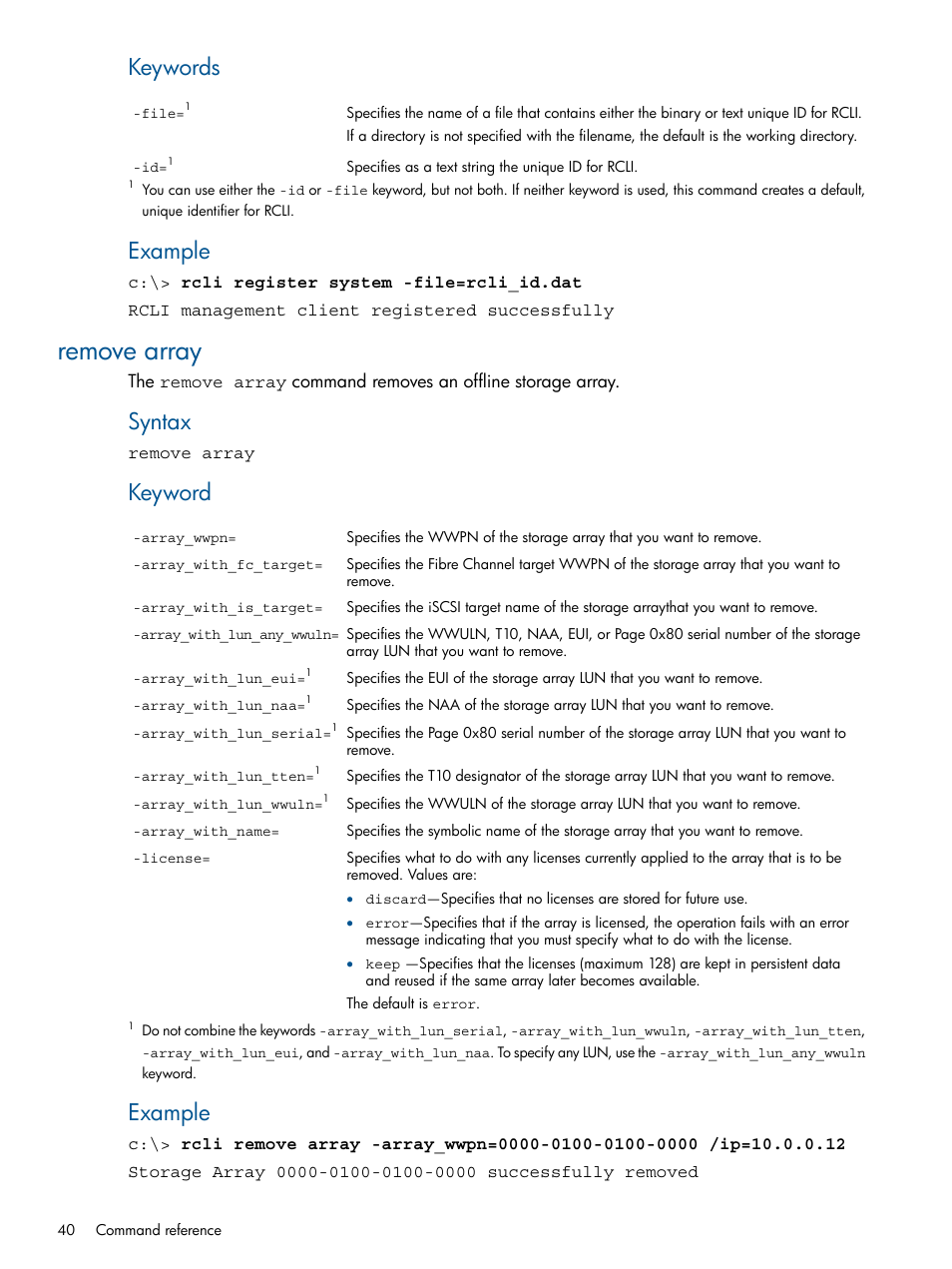 Remove array, Keywords, Example | Syntax, Keyword | HP MPX200 Multifunction Router User Manual | Page 40 / 120