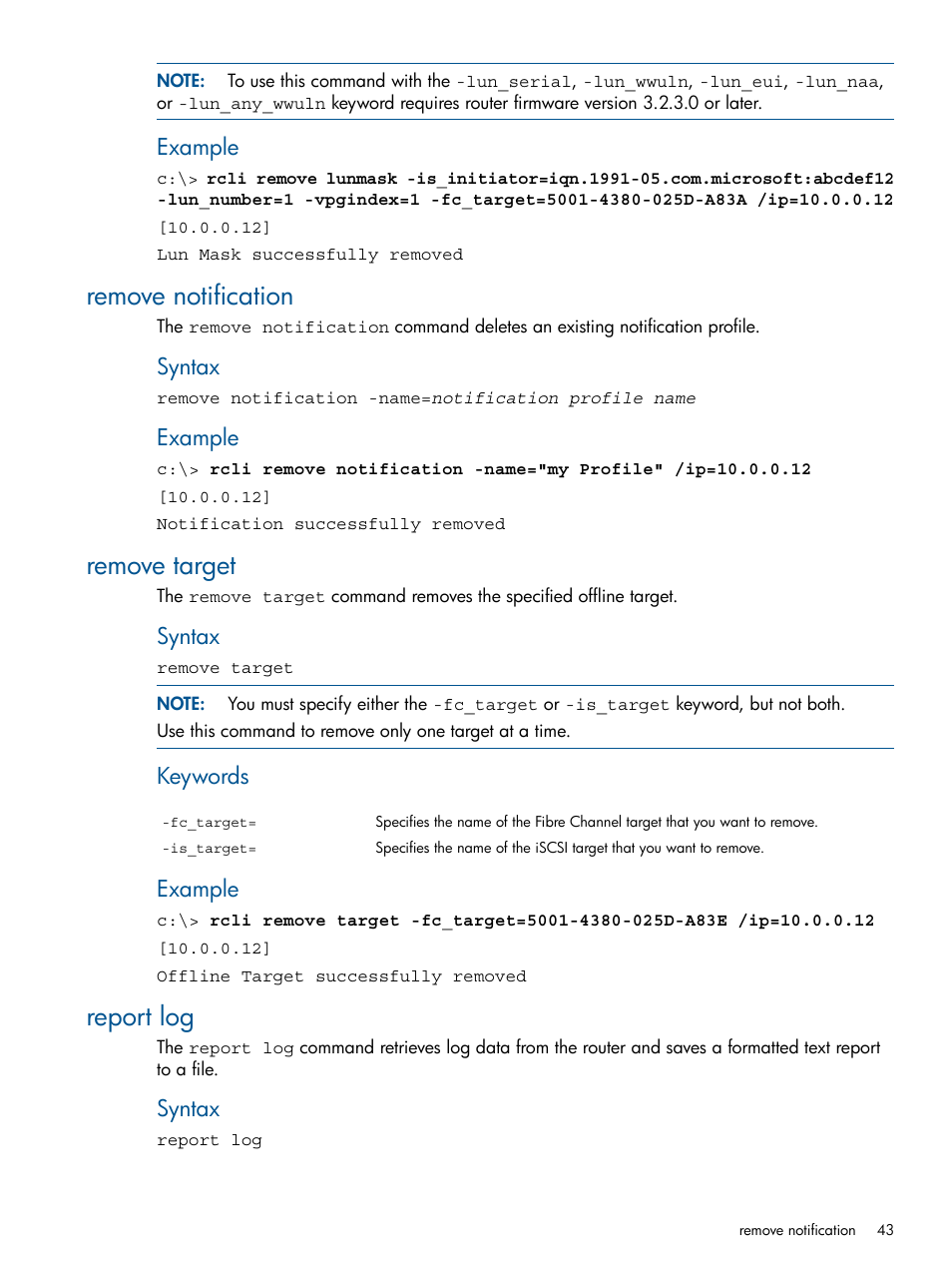 Remove notification, Remove target, Report log | Remove notification remove target report log, Example, Syntax, Keywords | HP MPX200 Multifunction Router User Manual | Page 43 / 120