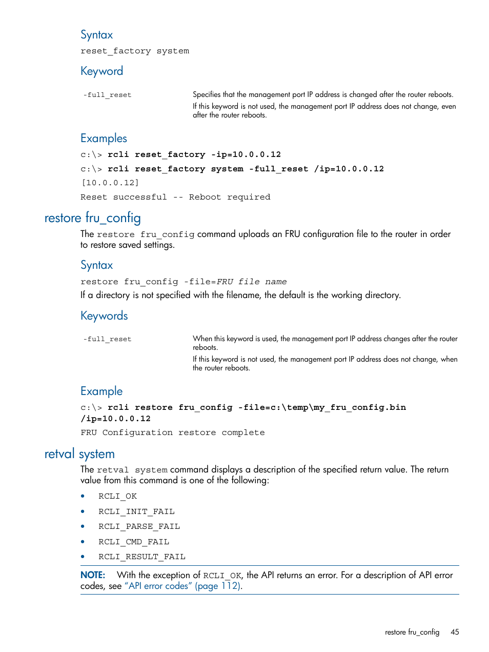 Restore fru_config, Retval system, Restore fru_config retval system | Syntax, Keyword, Examples, Keywords, Example | HP MPX200 Multifunction Router User Manual | Page 45 / 120