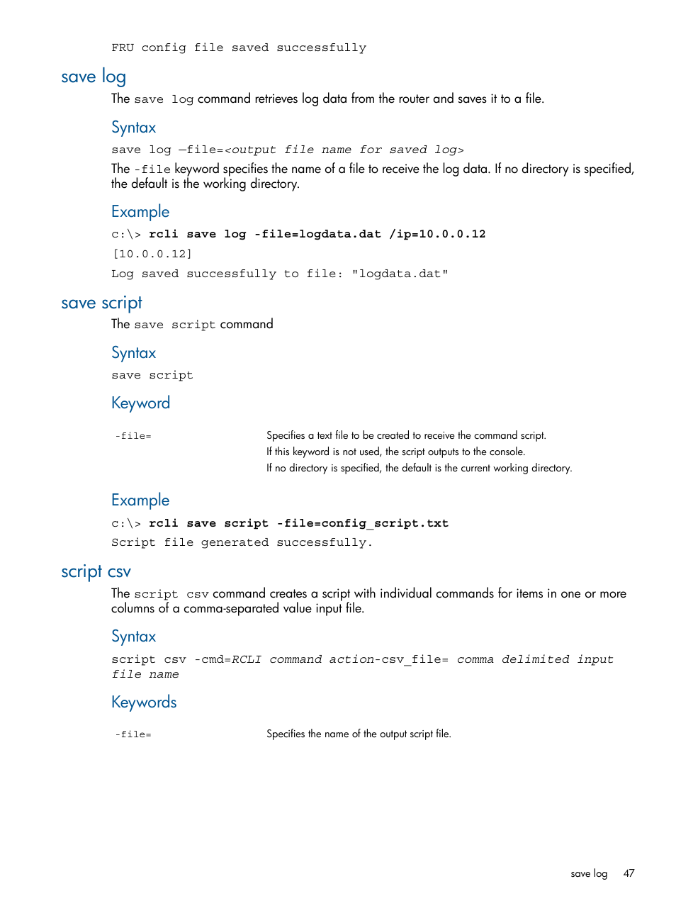 Save log, Save script, Script csv | Save log save script script csv, Syntax, Example, Keyword, Keywords | HP MPX200 Multifunction Router User Manual | Page 47 / 120