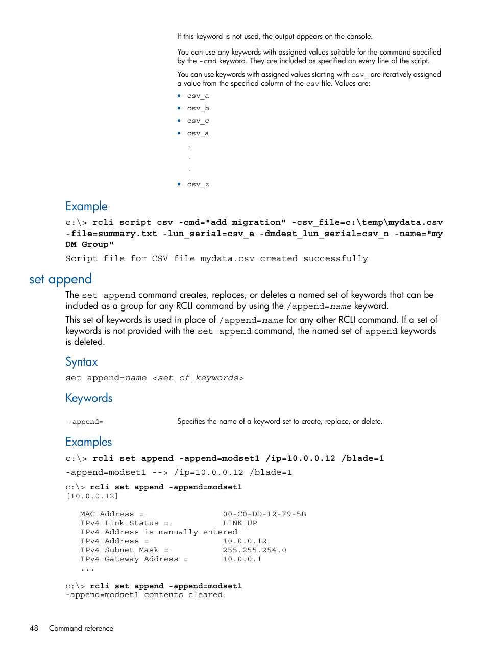 Set append, Example, Syntax | Keywords, Examples | HP MPX200 Multifunction Router User Manual | Page 48 / 120