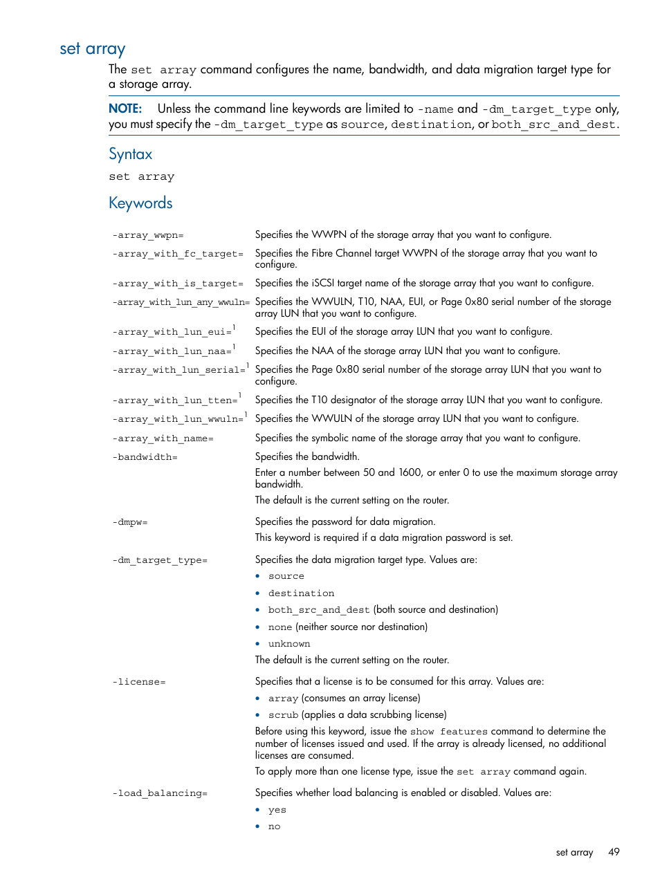 Set array, Syntax, Keywords | HP MPX200 Multifunction Router User Manual | Page 49 / 120