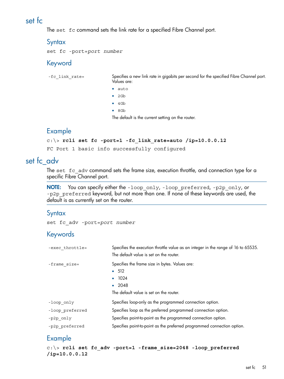 Set fc, Set fc_adv, Set fc set fc_adv | Syntax, Keyword, Example, Keywords | HP MPX200 Multifunction Router User Manual | Page 51 / 120
