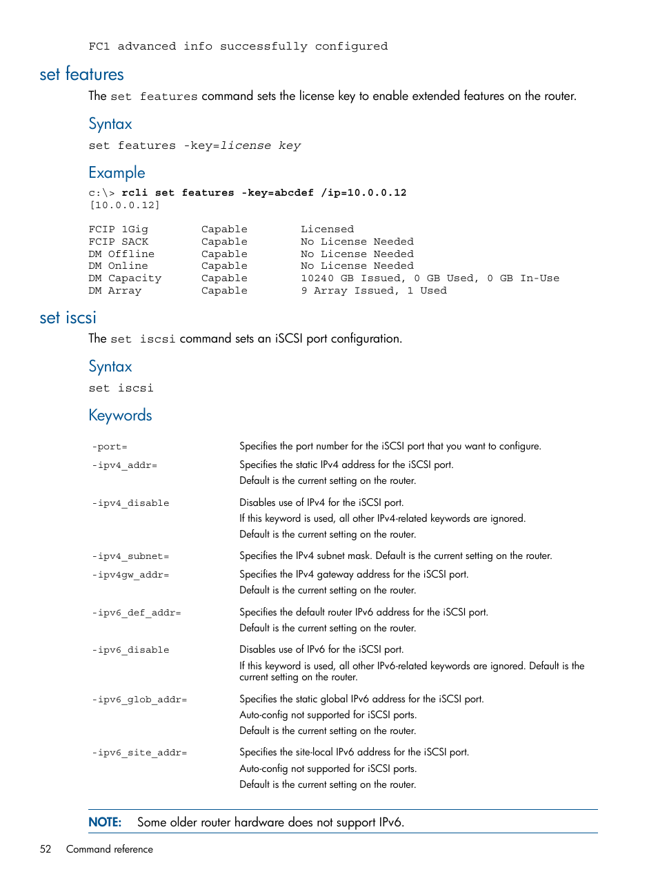 Set features, Set iscsi, Set features set iscsi | Syntax, Example, Keywords | HP MPX200 Multifunction Router User Manual | Page 52 / 120