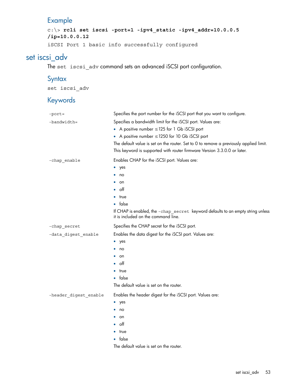 Set iscsi_adv, Example, Syntax | Keywords | HP MPX200 Multifunction Router User Manual | Page 53 / 120