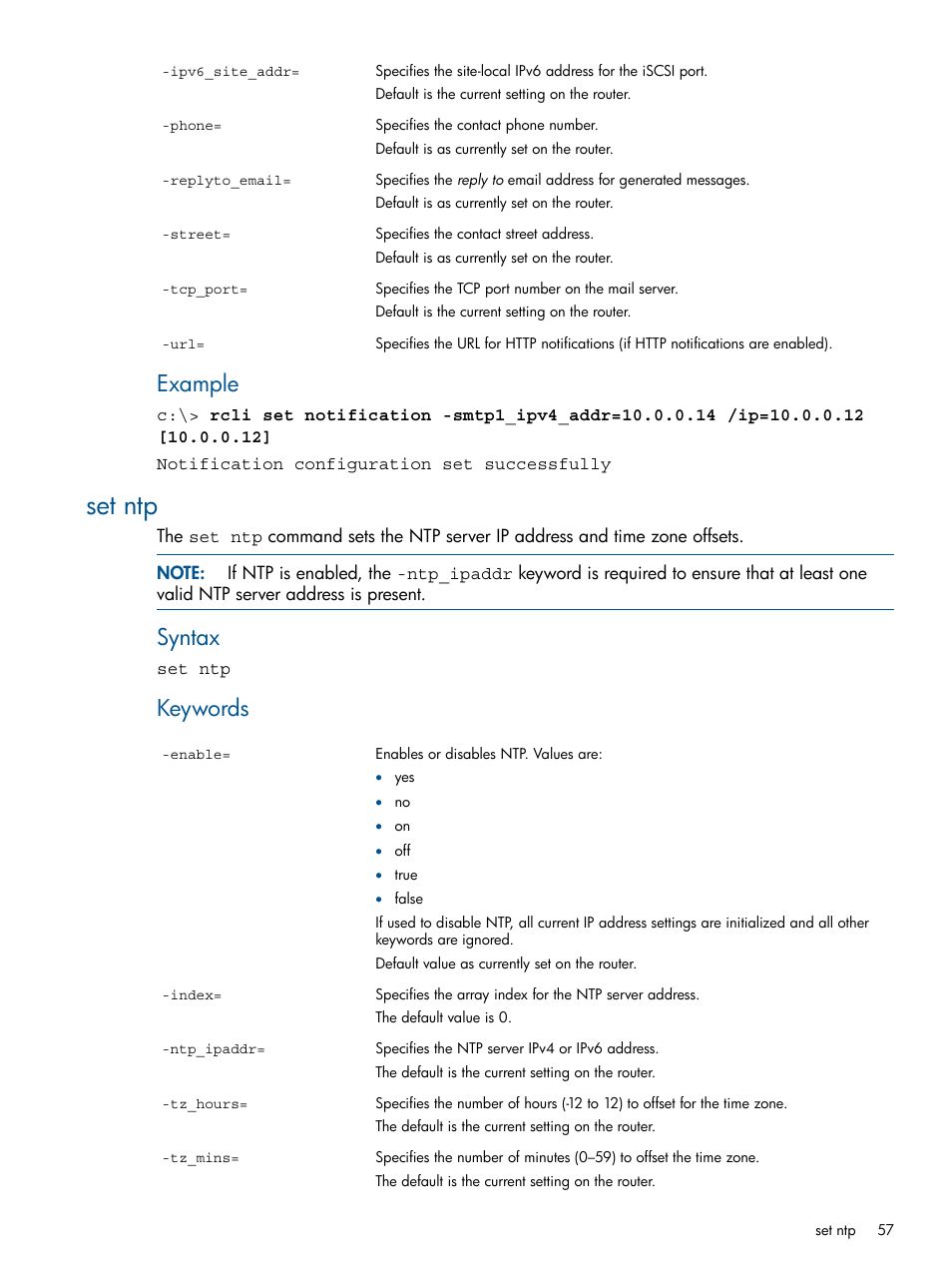 Set ntp, Example, Syntax | Keywords | HP MPX200 Multifunction Router User Manual | Page 57 / 120