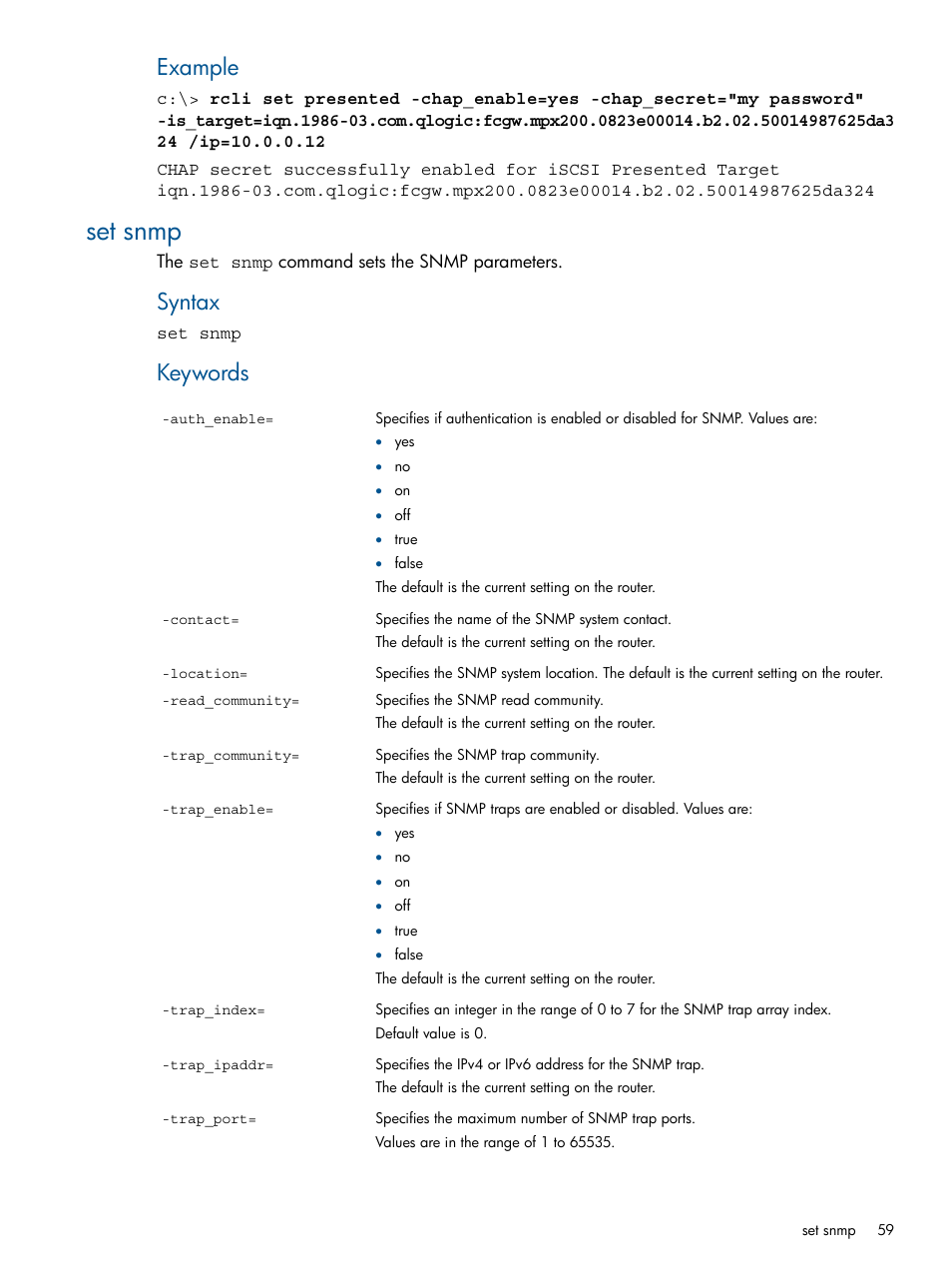 Set snmp, Example, Syntax | Keywords | HP MPX200 Multifunction Router User Manual | Page 59 / 120