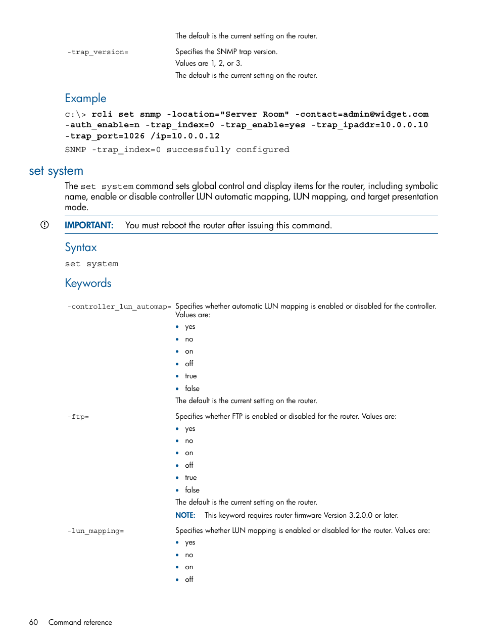 Set system, Example, Syntax | Keywords | HP MPX200 Multifunction Router User Manual | Page 60 / 120