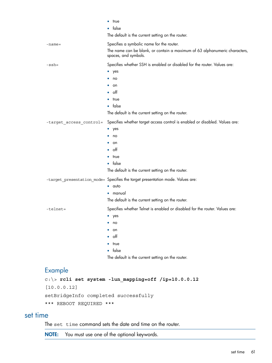 Set time, Example | HP MPX200 Multifunction Router User Manual | Page 61 / 120